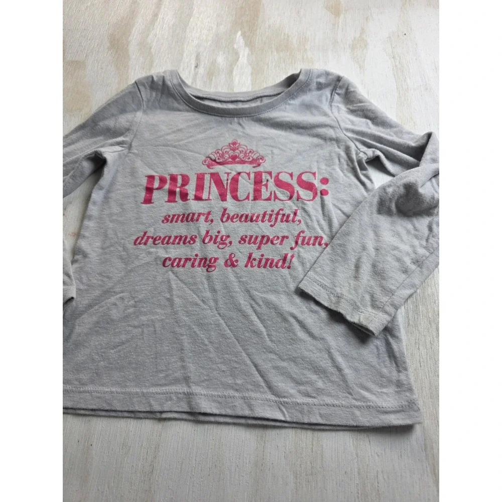 The Childrens Place Girls Gray Princess Glitter Graphic Long Sleeve Tee 3T
